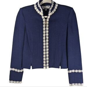NWT St. John Collection Wool Blend Cardigan Navy White Trim Jacket Sz 4